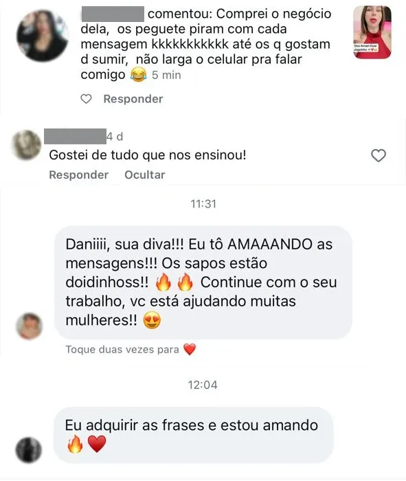 Prints de WhatsApp com depoimentos e experiências de leitoras do eBook Iluda e Suma