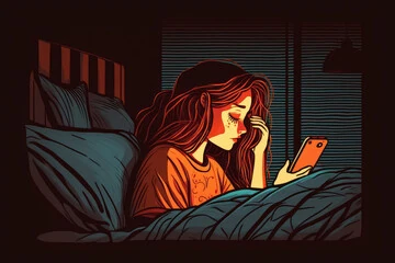 mulher triste na cama olhando o celular