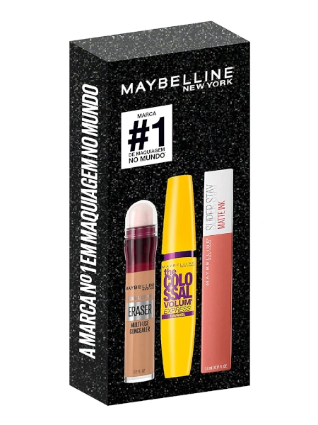 Kit Queridinhos Maybelline NY Batom Líquido Matte ink 65 Seductress + Máscara de Cílios Colossal Lavável + Corretivo Eraser 130 Medium
