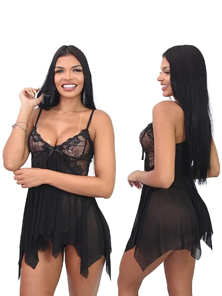 Lingerie Sexy Feminina - Conjunto de Camisola Sensual com Renda e Laço e Calcinha Fio Dental Sensual