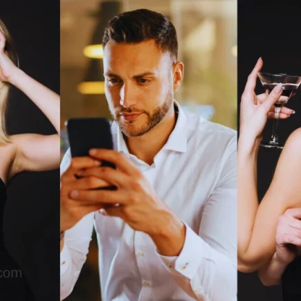 mulher poderosa e homem com celular na mão