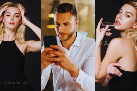 mulher poderosa e homem com celular na mão