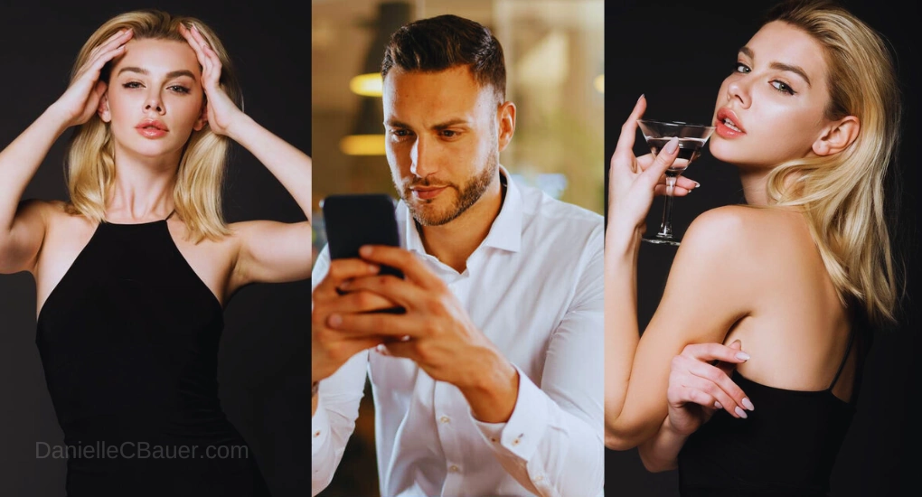 mulher poderosa e homem com celular na mão